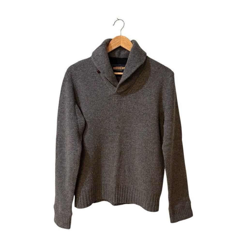 Ralph Lauren Rugby Men's Sz Medium 100% Wool Collar Gray Sweater Old Money